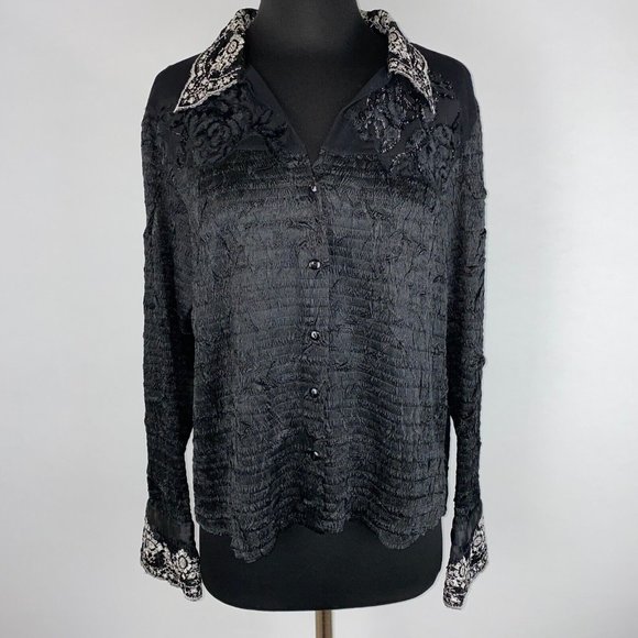 Alberto Makali Button Down Shirt Women's Size XL Crinkle Embroidered Sequins Art - Picture 1 of 12